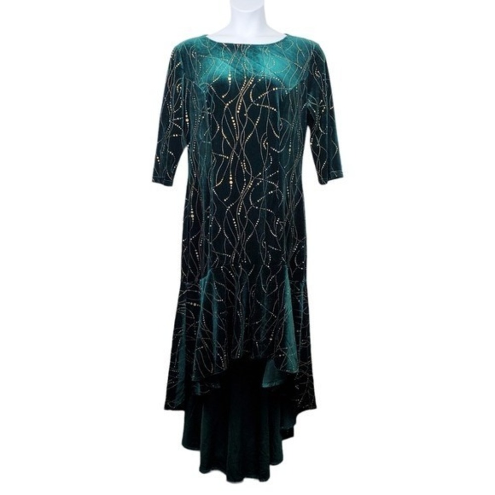 Ever Pretty Womens Green Velvet Metallic Gold High Low Bodycon Dress Size 20 NWT